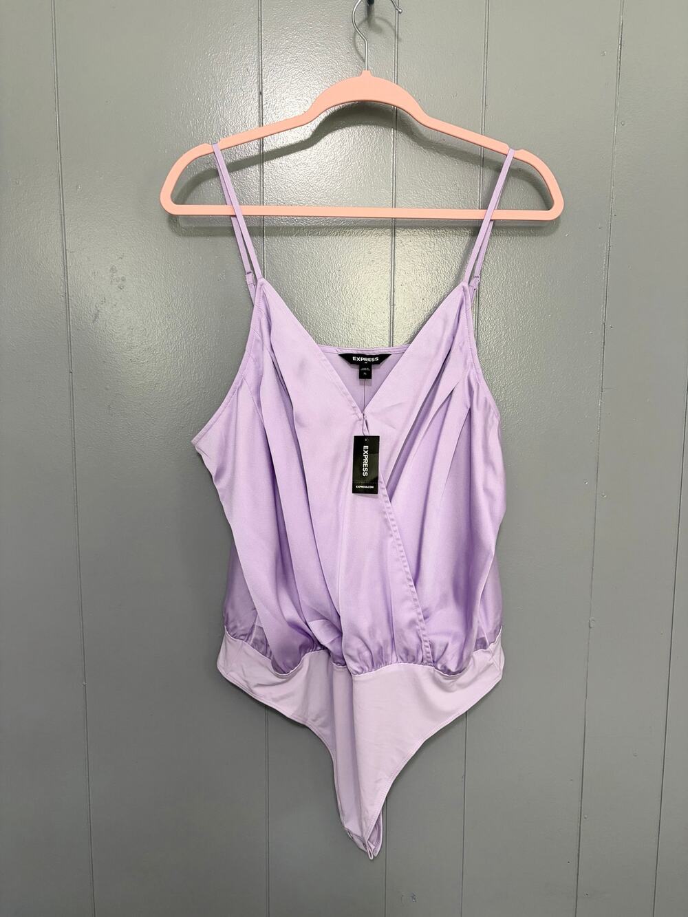NEW Express Outlet Purple Satin Faux Wrap Sleeveless V-neck Bodysuit XL